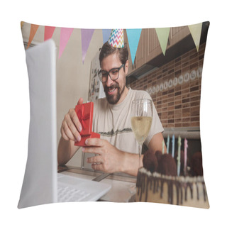 Personality  Man Celebrating Birthday Online In Quarantine Time. Coronavirus Outbreak 2020. The Guy Opens The Box And Is Very Happy With The Gift. Communicating With Friends Remotely Pillow Covers