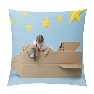 Personality Kid With Teddy Bear Playing With Cardboard Rocket On Blue Background With Stars Pillow Covers