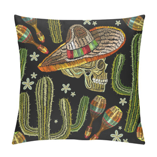 Personality  Embroidery Mexican Culture Seamless Pattern. Human Skull Pillow Covers