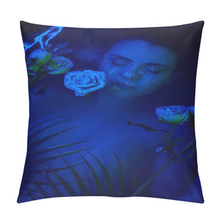 Personality  Feminine Beauty, Young Woman Diving Underwater Among Palm Leaves And Flowers, Blue Light Pillow Covers