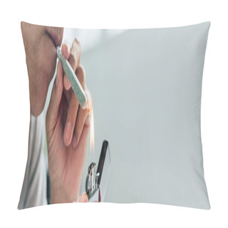 Personality  Panoramic Shot Of Man Lighting Up Blunt With Medical Cannabis Pillow Covers