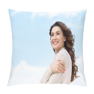 Personality  Side View Of Smiling Beautiful Woman With Blue Cloudy Sky On Background Pillow Covers