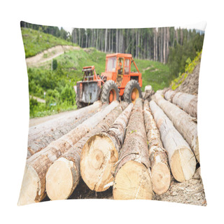 Personality  Forest Industry. Lumberjack With Modern Harvester Working In A Forest. Wheel-mounted Loader, Timber Grab. Felling Of Trees,cut Trees , Forest Cutting Area, Forest Protection Concept. Pillow Covers