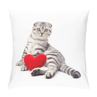 Personality  Gray Kitten Sitting With A Heart Isolated On A White Background. Pillow Covers