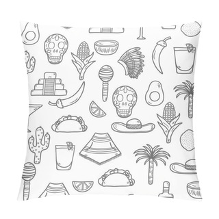 Personality  Seamless  Background With Cute Hand Drawn Objects On Mexico Theme: Sombrero, Poncho, Tequila, Coctails, Taco, Skull, Guitar, Pyramid, Avocado, Lemon, Chilli Pepper, Cactus, Injun Hat, Palm. Travel Pillow Covers