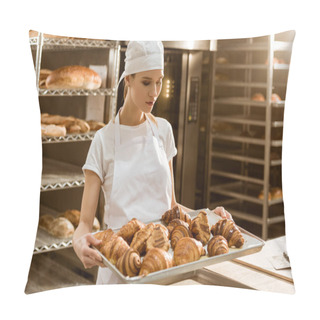 Personality  Attractive Female Baker Holding Tray With Fresh Croissants On Baking Manufacture Pillow Covers