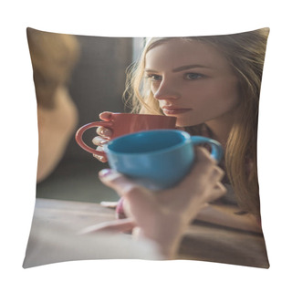 Personality  Close-up Shot Of Young Women Drinking Coffee Together Pillow Covers
