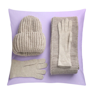 Personality  Stylish Gloves, Scarf And Hat On Violet Background, Flat Lay Pillow Covers