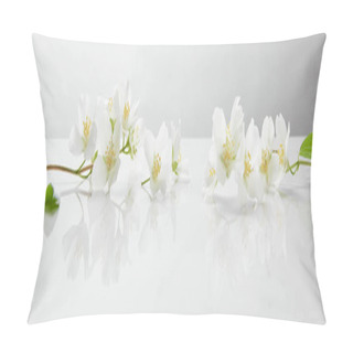 Personality  Panoramic Shot Of Jasmine Flowers On White Surface Pillow Covers