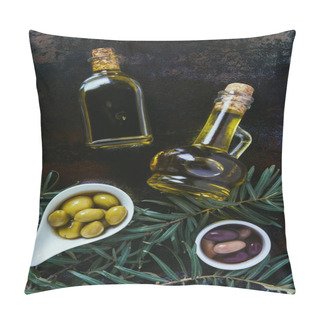 Personality  Top View Of Two Bottles Of Homemade Olive Oil And Olives On Shabby Surface Pillow Covers