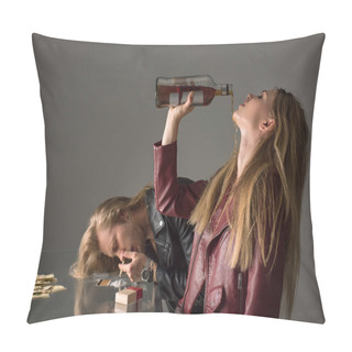 Personality  Young Addicted Couple Drinking Alcohol And Sniffing Cocaine On Grey Pillow Covers