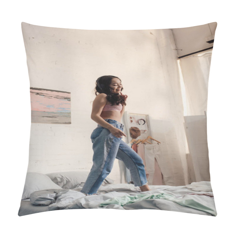 Personality  Beautiful Happy Asian Girl Standing On Bed And Looking Down Pillow Covers