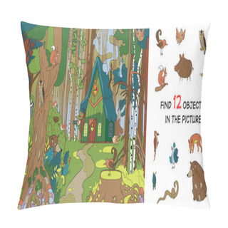 Personality  Forest Glade Near The Forester's House. Find Hidden Animals. Puzzle. Vector Illustration  Pillow Covers