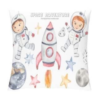 Personality  Space Adventure With Rocket, Young Astronauts, Boy, Girl, Stars, Planet Earth, Moon, Meteorite Watercolor Set  Pillow Covers