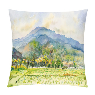 Personality  Watercolor Landscape Painting Colorful Of Mountain Range With Farm Cornfield In Panorama View And Emotion Rural Society, Nature Beauty Skyline Background. Hand Painted Abstract Illustration In Asia. Pillow Covers