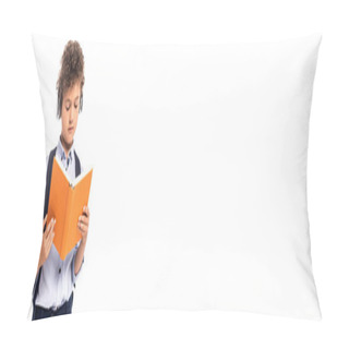 Personality  Panoramic Concept Of Curly Schoolboy In Wireless Headphones Reading Book Isolated On White  Pillow Covers