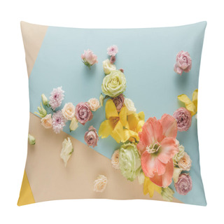 Personality  Top View Of Spring Flowers On Beige, Blue And Yellow Background Pillow Covers