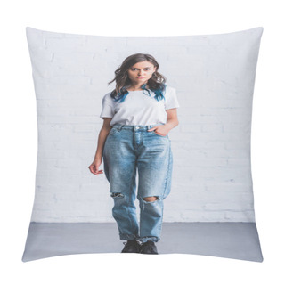 Personality  Front View Of Young Woman In Empty White T-shirt In Front Of Brick Wall  Pillow Covers