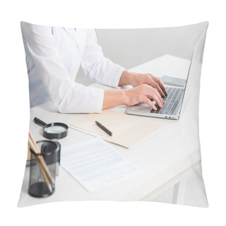 Personality  Cropped View Of Nutritionist Sitting At Table And Using Laptop In Clinic  Pillow Covers