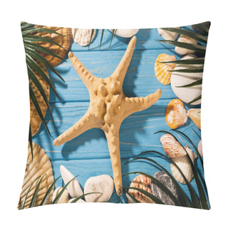 Personality  Top View Of Seashells, Starfish And Palm Leaves On Wooden Blue Background Pillow Covers