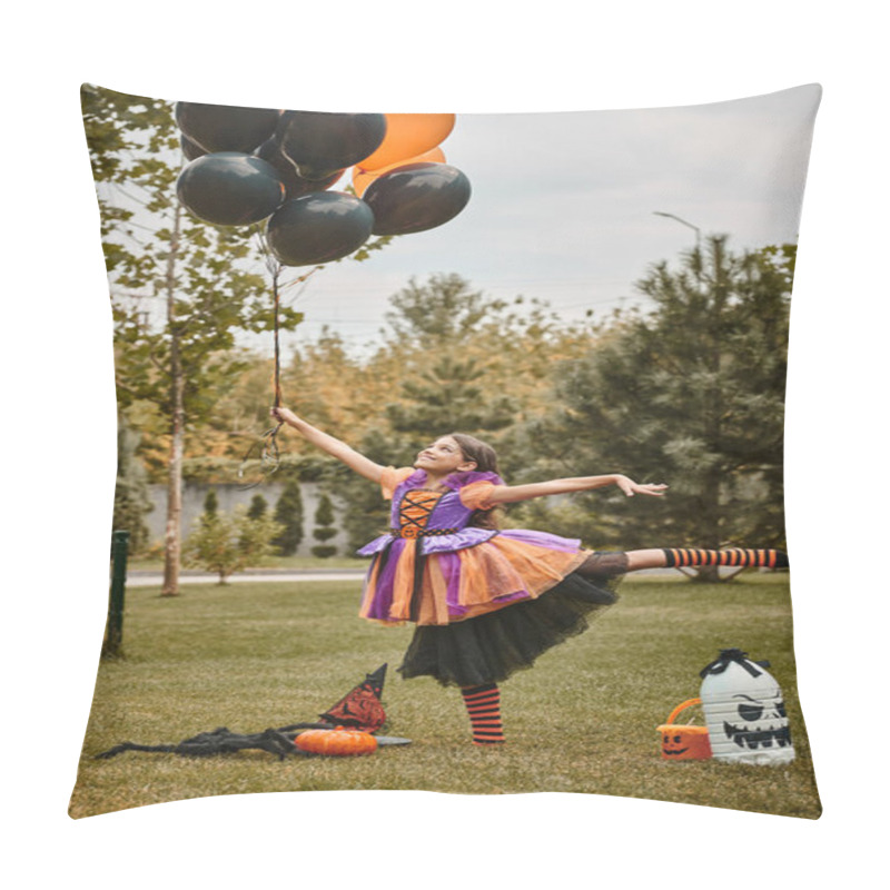 Personality  Cheerful Girl In Halloween Attire Holding Balloons Near Pumpkin, Witch Hat And Candy Bucket On Grass Pillow Covers