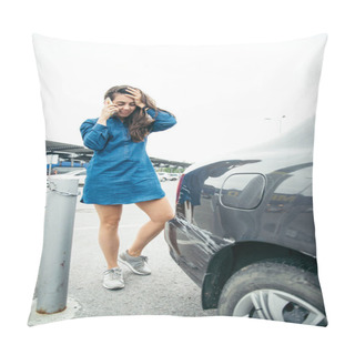 Personality  Sad Woman Standing Near Car With Scratch Pillow Covers
