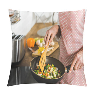 Personality  Cropped Image Of Mature Woman Frying Vegetables In Kitchen Pillow Covers
