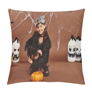 Personality  Cheerful Preteen Girl Squatting Near Pumpkin With Lanterns And Spiderweb On Backdrop, Halloween Pillow Covers