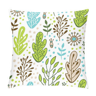 Personality  Forest Leaves Seamless Vector Pattern. Botanic Texture With Hand Drawn Elements In Doodle Style. Spring Or Summer Nature Background In Colors Of Blue, Green, Beige And White Pillow Covers