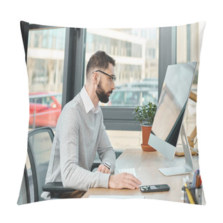 Personality  A Man Is Seated At A Desk, Deeply Engrossed In His Computer Screen, Focused On A Project In A Bustling Office Environment. Pillow Covers