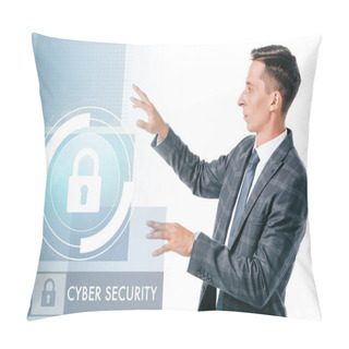 Personality  Side View Of Businessman In Suit Pointing At Cyber Security Sign Isolated On White Pillow Covers