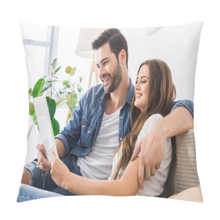 Personality  Laughing Young Couple Sitting On Couch With Digital Tablet At Home  Pillow Covers