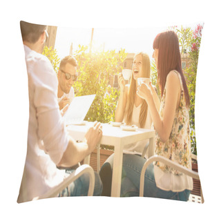 Personality  Group Of Friends Having A Coffee Outdoor Pillow Covers
