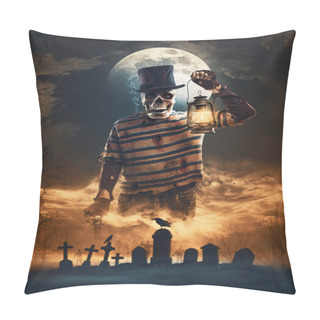 Personality  Monster Holding A Lantern And Creepy Graveyard At Night, Halloween And Horror Concept Pillow Covers
