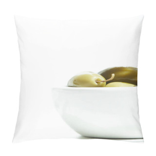 Personality  Close Up View Of Bowl With  Green Olives Isolated On White Background Pillow Covers