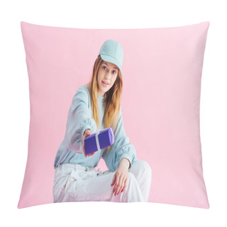 Personality  Pretty Teenage Girl In Cap Isolated On Pink Pillow Covers