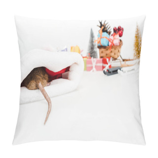 Personality  Selective Focus Of Domestic Rat In Santa Hat Isolated On White  Pillow Covers
