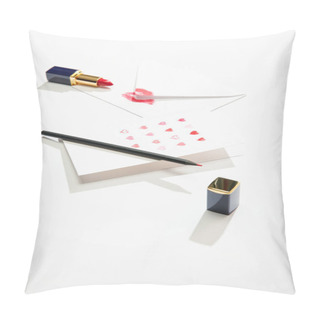 Personality  Greeting Card With Hearts Near Envelope With Lip Print, Lipstick And Pencil On White Background Pillow Covers