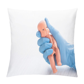 Personality  Cropped View Of Doctor In Blue Glove Holding Baby Doll Pillow Covers
