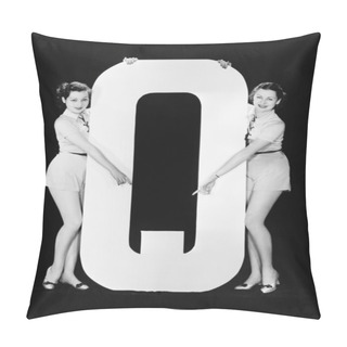 Personality  Two Women Pointing At Huge Letter Q Pillow Covers