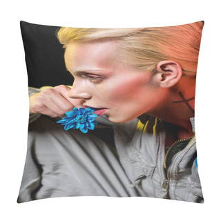 Personality  Attractive Female Alien In Spacesuit With Blue Flower, Isolated On Black Pillow Covers