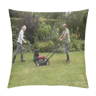 Personality  Elderly Couple In Their Garden Cutting The Grass Pillow Covers