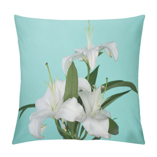 Personality  White Lilies With Green Leaves On Turquoise Background Pillow Covers