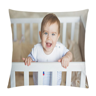 Personality  Little Cute Adorable Little Blond Boy In A Striped Bodykit Is In The Nursery With White Crib And Laughs Pillow Covers