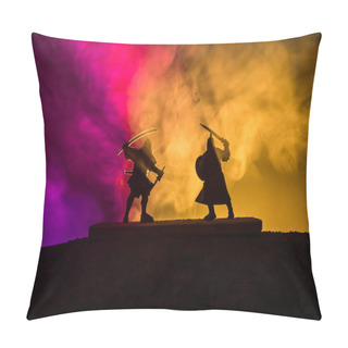 Personality  Silhouette Of Two Medieval Warriors In Duel. Picture With Two Fighter With Sword With Dark Toned Foggy Background. Selective Focus. Pillow Covers