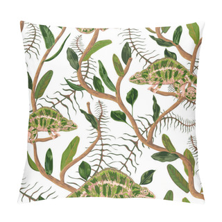 Personality  Seamless Pattern With Tropical Leaves And Chameleon. Exotic Botanical Background. Vector Illustration In Watercolor Style  Pillow Covers