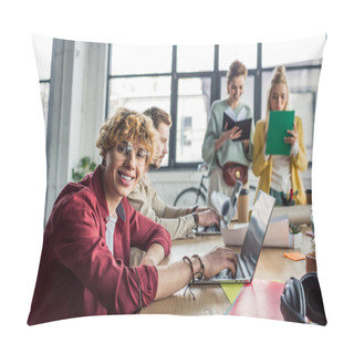 Personality  Female And Male Casual Businesspeople Working On Startup Project With Laptops And Notebooks In Loft Office Pillow Covers