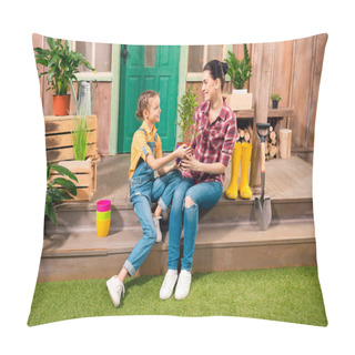 Personality  Happy Mother And Daughter With Potted Plant Sitting Together On Porch And Smiling Each Other Pillow Covers