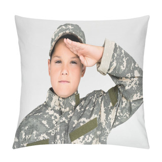 Personality  Portrait Of Kid In Military Uniform Looking At Camera And Saluting On Grey Background Pillow Covers