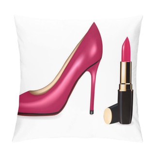 Personality  Sexy High Heel Shoes Shoes And Lipstick. Vector Illustration. Pillow Covers